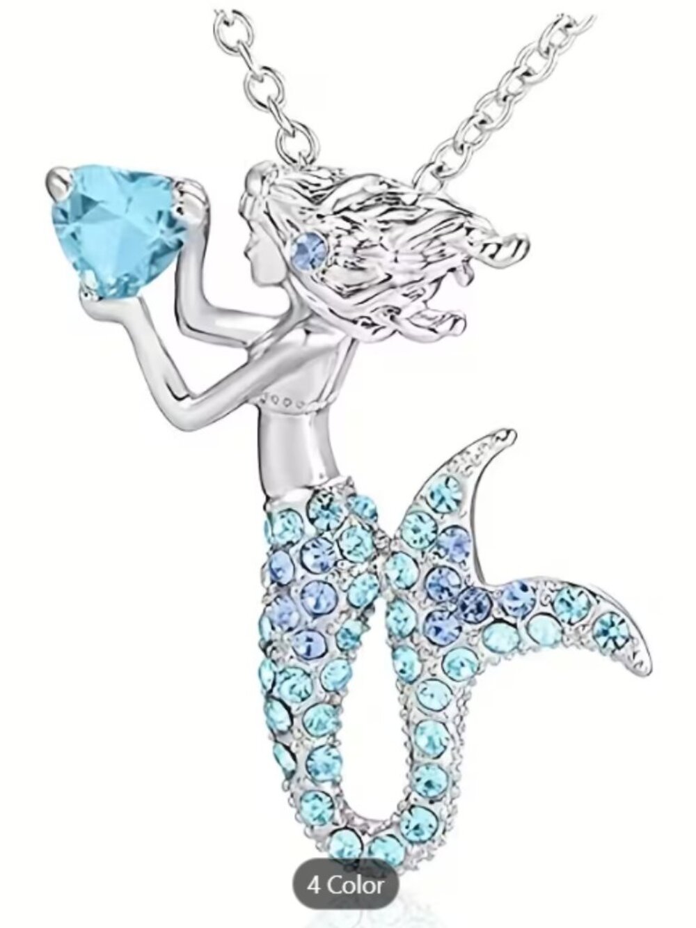 SilverToned Blue Crystal Vintage Style Enamel Mermaid Pendant Necklace 16.5"